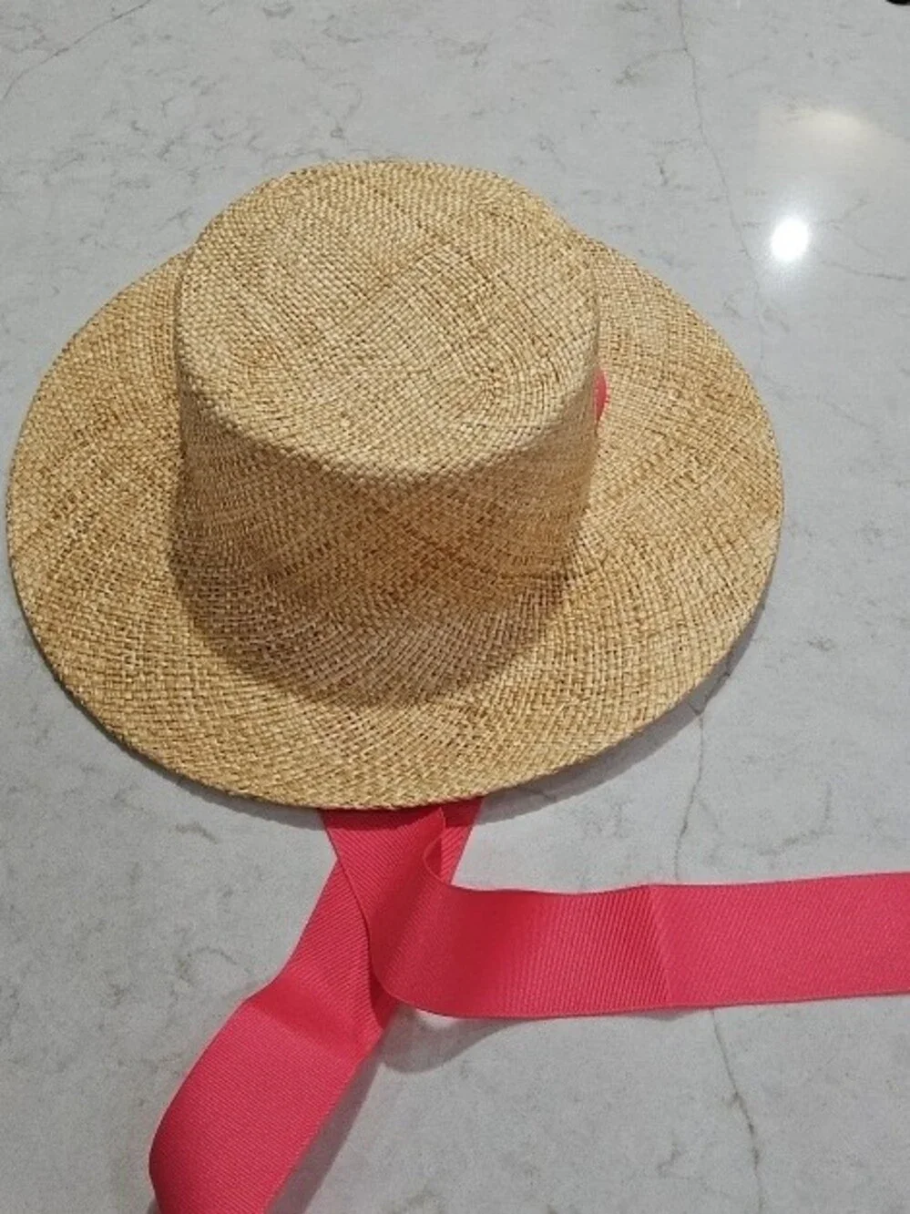 Wide-Brim Straw Sun Hat with Pink Ribbon - Picture 2 of 3